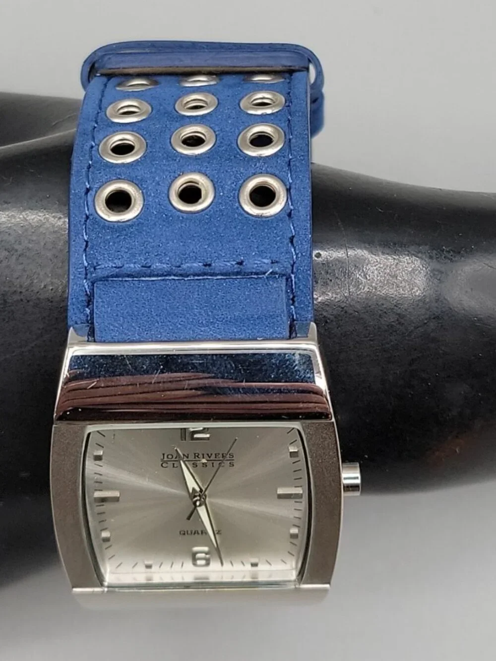 Joan Rivers Classics Tonneau Watch Royal Blue Wide Suede Leather Band 7.5